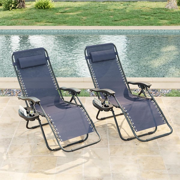 Folding Zero Gravity Metal Frame Recliner Outdoor Lounge Chair With Side Tray, Adjustable Headrest in Navy Blue (2-pack）