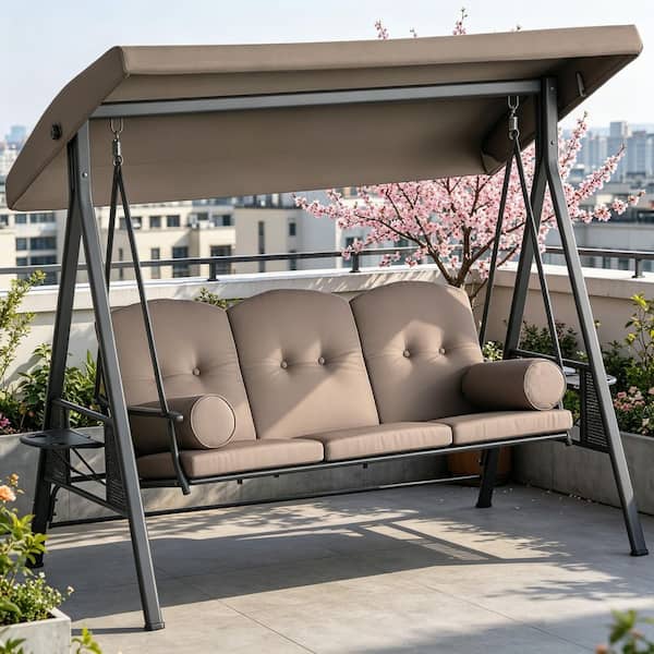 3-Person Metal Porch Swing Patio Swing Chair with Brown Cushion and Canopy for Garden, Backyard, Poolside