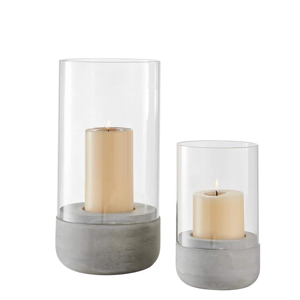 Small Cool Gray Cement Base and Glass Hurricane Candle Holder