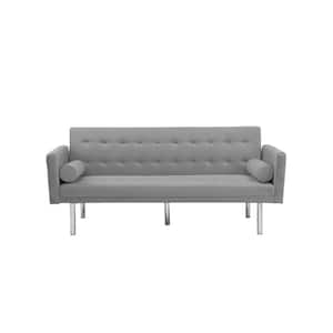 68.5 in Wide Square Arm Modern Velvet Accent Straight Sleeper Sofa With Metal Silver Leg For Living Room in Gray