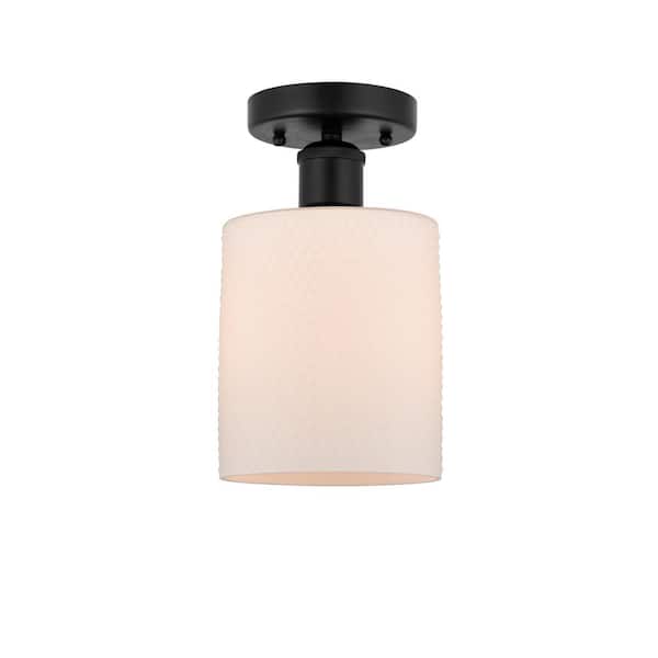 Innovations Cobbleskill 5 in. 1-Light Matte Black, Matte White Semi-Flush Mount with Matte White Glass Shade