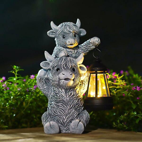 Highland Cow and Solar Lantern Series 9.5 in. Grey Solar Outdoor