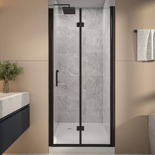 34-36 in. W x 72 in. H Bi-Fold Frameless Shower Door in Black with Clear Glass