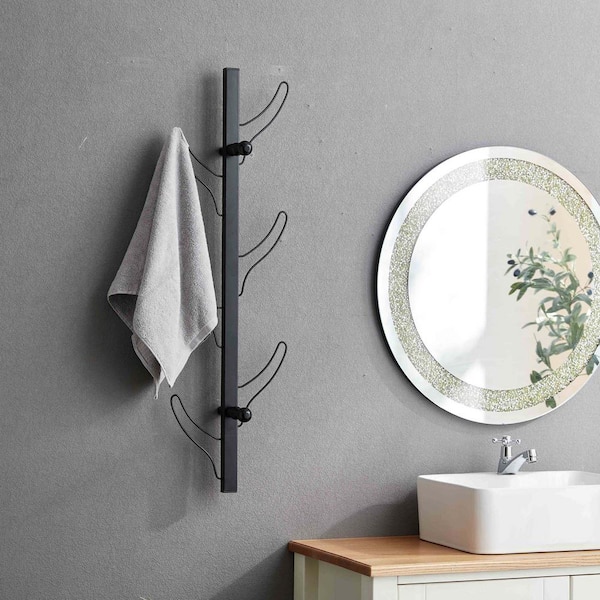 Cloak Rack Wall Mounted Wooden, Wall Decoration, Metal Frame, 8 Hooks, Black