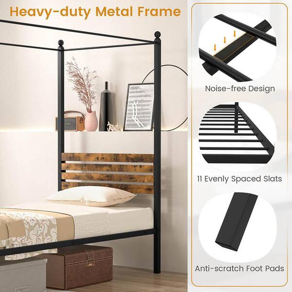 Gymax Rustic Brown Plus Black Rustproof Metal Frame Queen