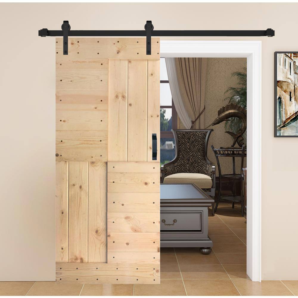 Unfinished Solid Wood Multipanel Barn Door Kit with Matte Black Hardware