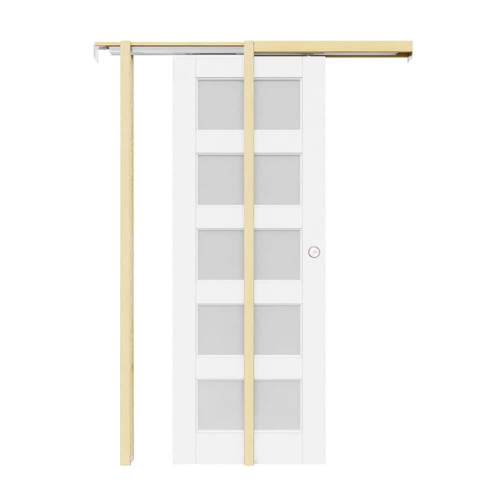 32 in. x 80 in. 5-Lite Frosted Glass White Primed Wood Pocket Door with Hardware (Soft Close, Round Silver Handle Incl) price history on PriceWatchPro