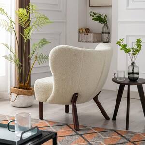 White Fabric Upholstered Side Chair with Wing Back and Solid Rubber Legs