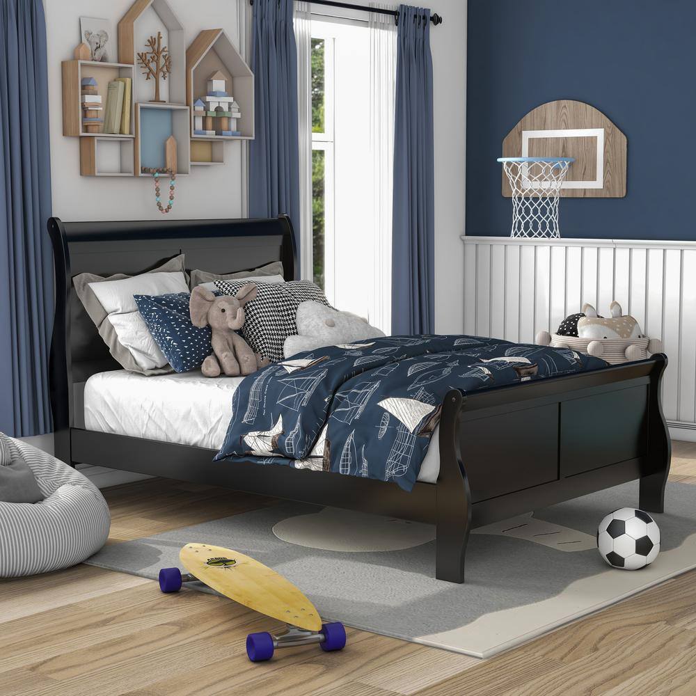 Black Twin Sleigh Bed with Wood Frame and Headboard