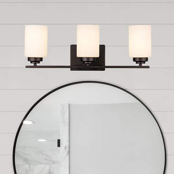 Mod Pod 22 in. 3-Light Oil Rubbed Bronze Bathroom Vanity Light Fixture with Frosted Glass Cylinder Shades