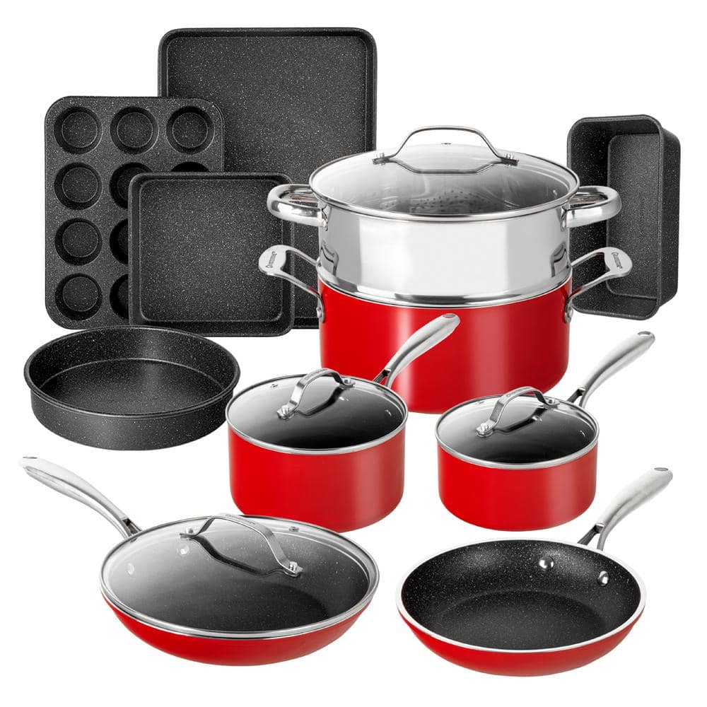 Granitestone granite stone red cookware sets nonstick pots and pans set-  10pc kitchen cookware sets