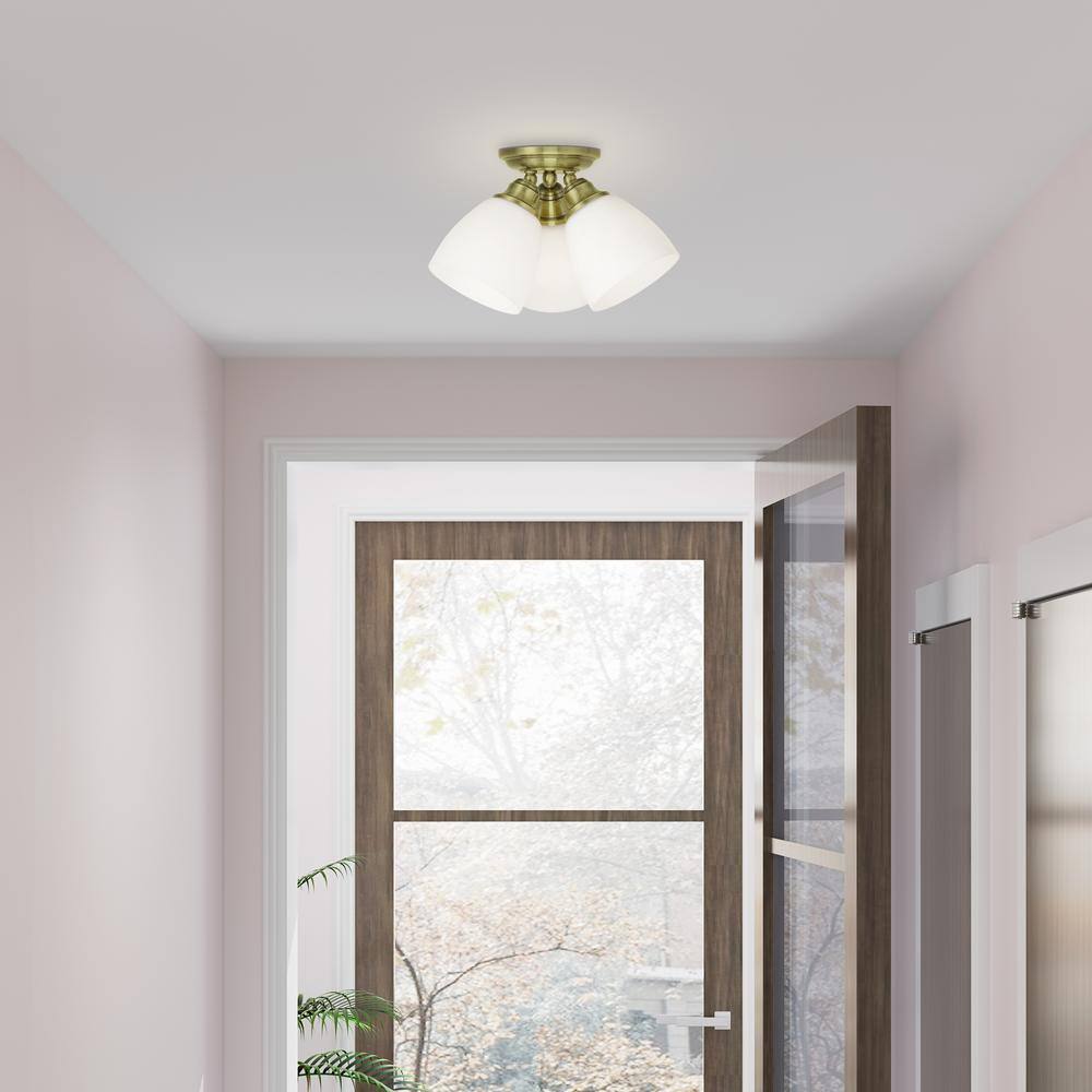 Somerville Antique Brass 3-Light Flush Mount with Satin Opal White Glass