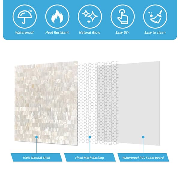 Art3d 11. 8in. x 11. 8in. Natural White Seashell Tiles for Kitchen Bathroom, Mother of Pearl Mosaic Tiles (9.6 sq. ft. /Box) A18hd202CS