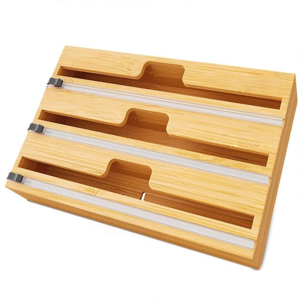 12 in. Bamboo Wrap Organizer with Cutter and Labels for Kitchen Storage and Organization, Natural (1-Pack)