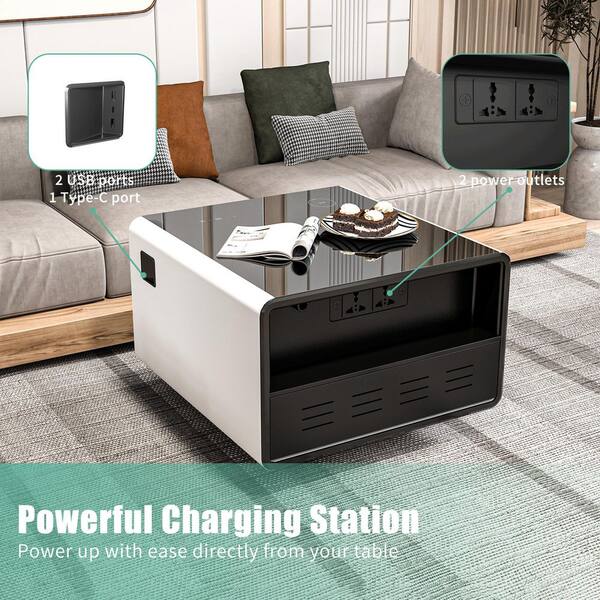 White Plastic Smart Side Table Coffee Table with Built-In Fridge