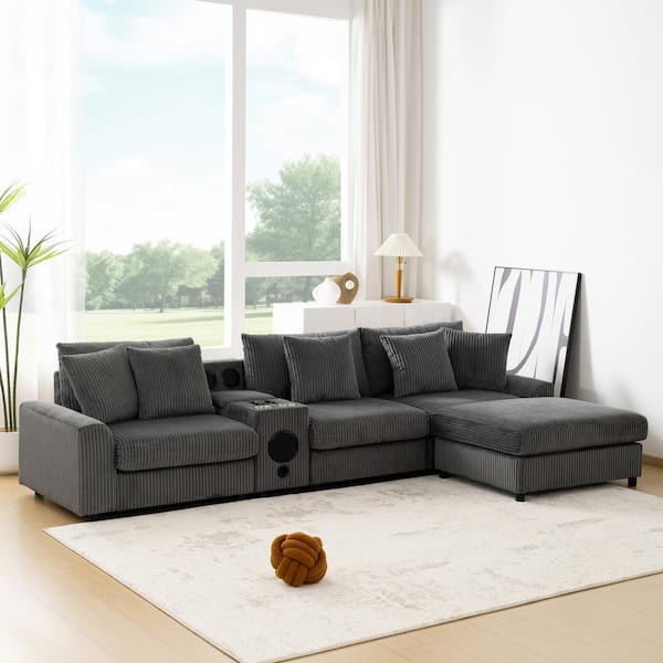 114 in. Corduroy L-Shape Sectional Sofa in Dark Gray with Ottoman, Bluetooth Speakers, Console, Wireless Charging
