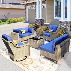 Thor 8-Piece Wicker Patio Conversation Seating Sofa Set with Navy Blue Cushions and Swivel Rocking Chairs
