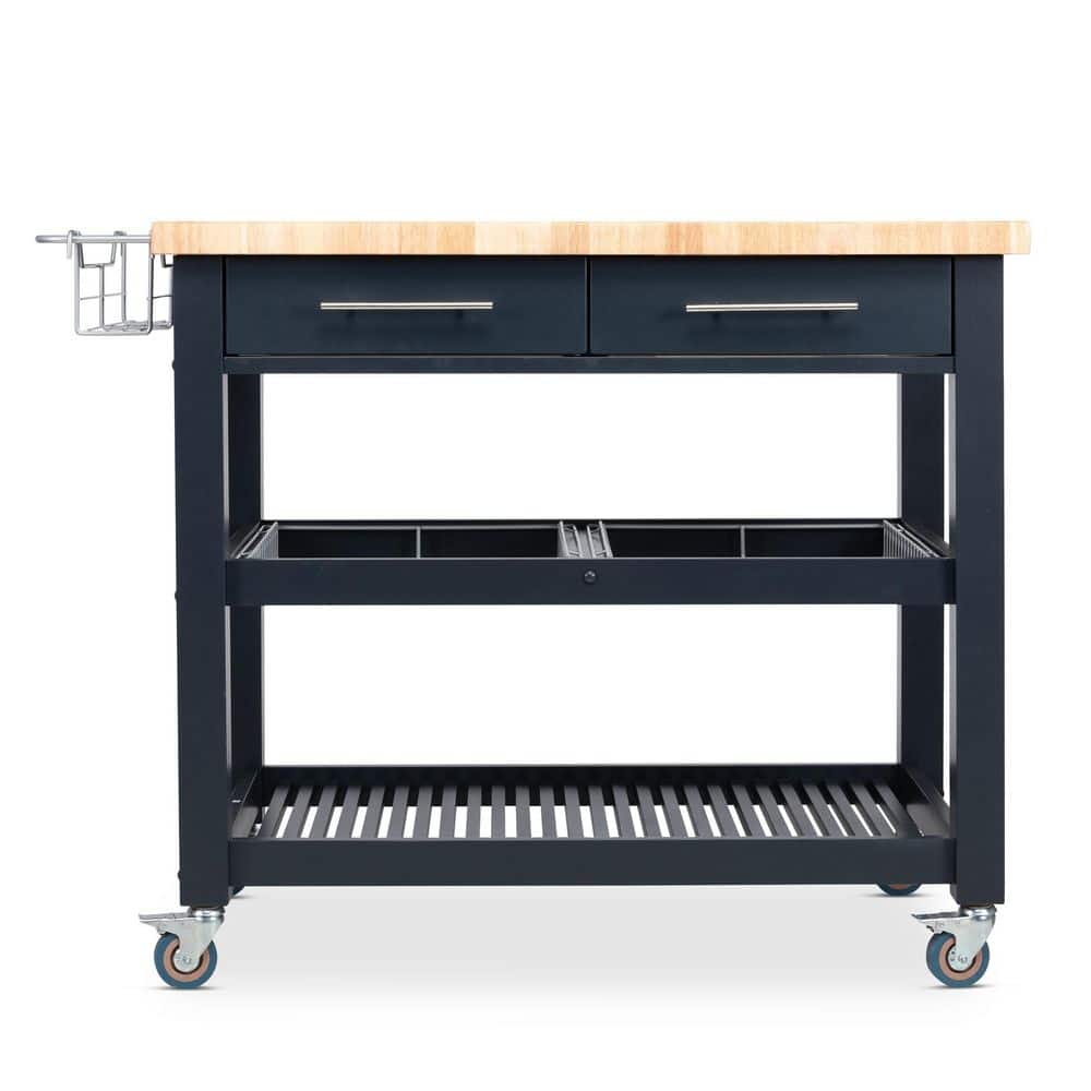 Midnight Navy Rubberwood Kitchen Cart with Butcher Block Top