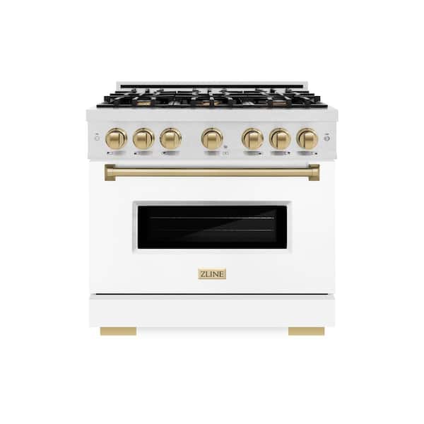 Autograph 36 in. Classic Gas Range with 6 Burners and Convection Gas Oven in Satin Steel with White and Bronze Accents