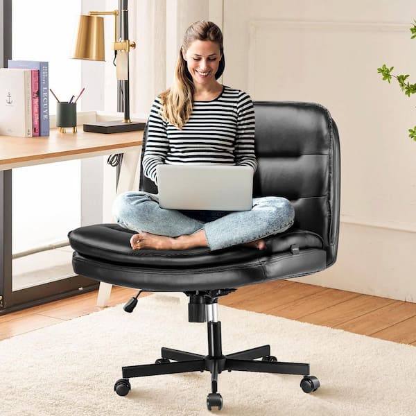 Criss Cross Chair with Wheels PU Leather Armless Cross Legged Office Desk Chair Modern Swivel Vanity Chair, Black