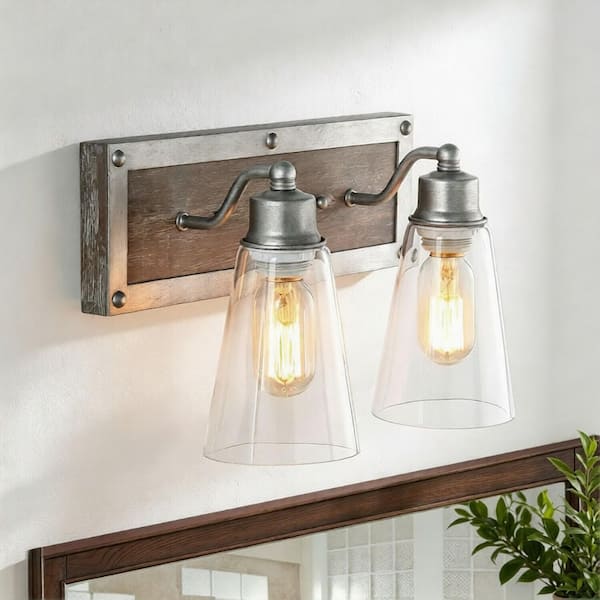 Rustic Bathroom Brown Solid Wood Vanity Light, 2-Light Modern Industrial Steel Wall Sconce with Bell Clear Glass Shades