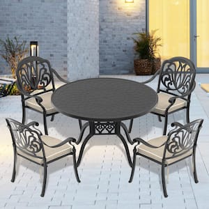 Elizabeth Black 5-Piece Cast Aluminum Outdoor Dining Set with 47.24 in. Round Table and Random Color Seat Cushions