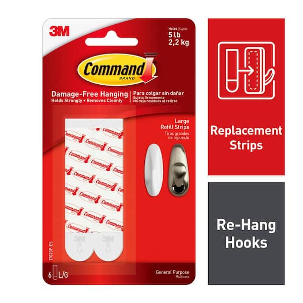 Command Large Refill Adhesive Strips for Wall Hooks, White, Damage Free Hanging, Six Strips