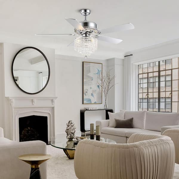 52 In. Indoor Modern Downroad Mount Silver Crystal Beads Ceiling Fan Reversible Fandelier with Remote No Bulb Included