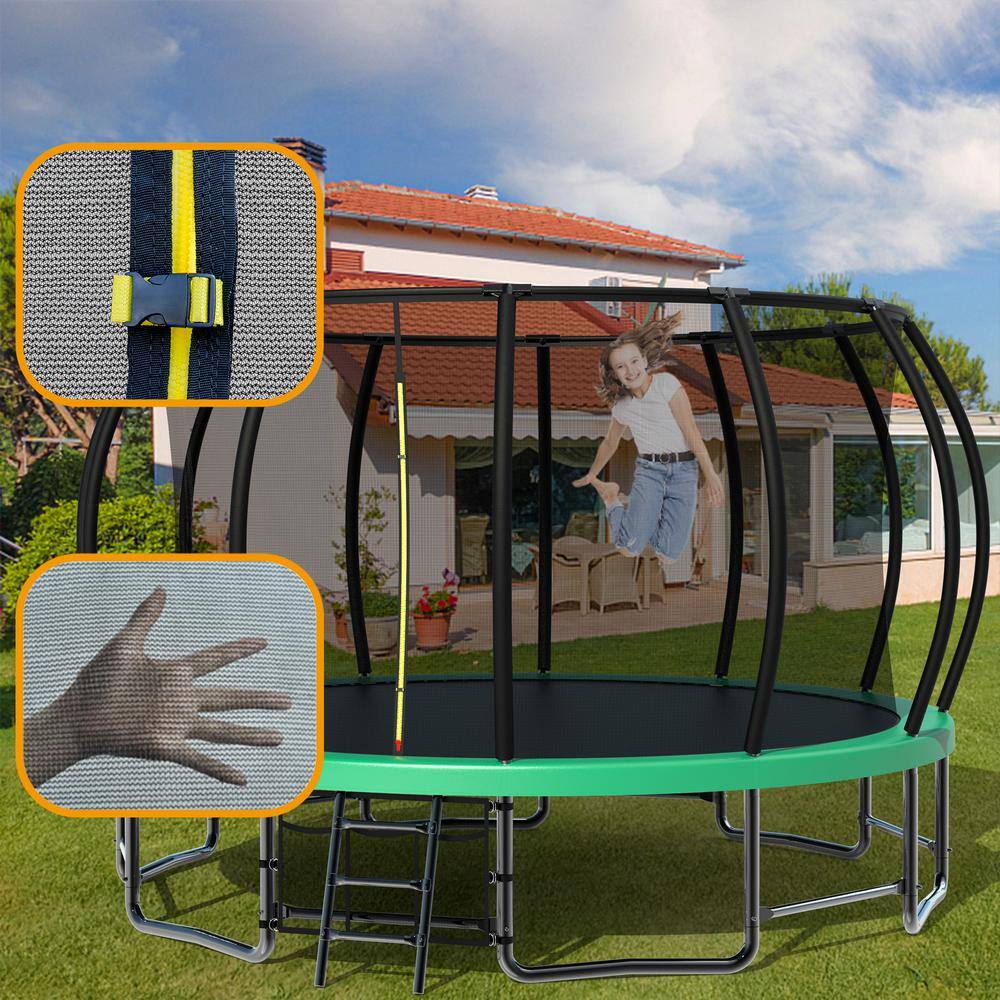 16FT Green Round Trampoline with Enclosure Net and Ladder