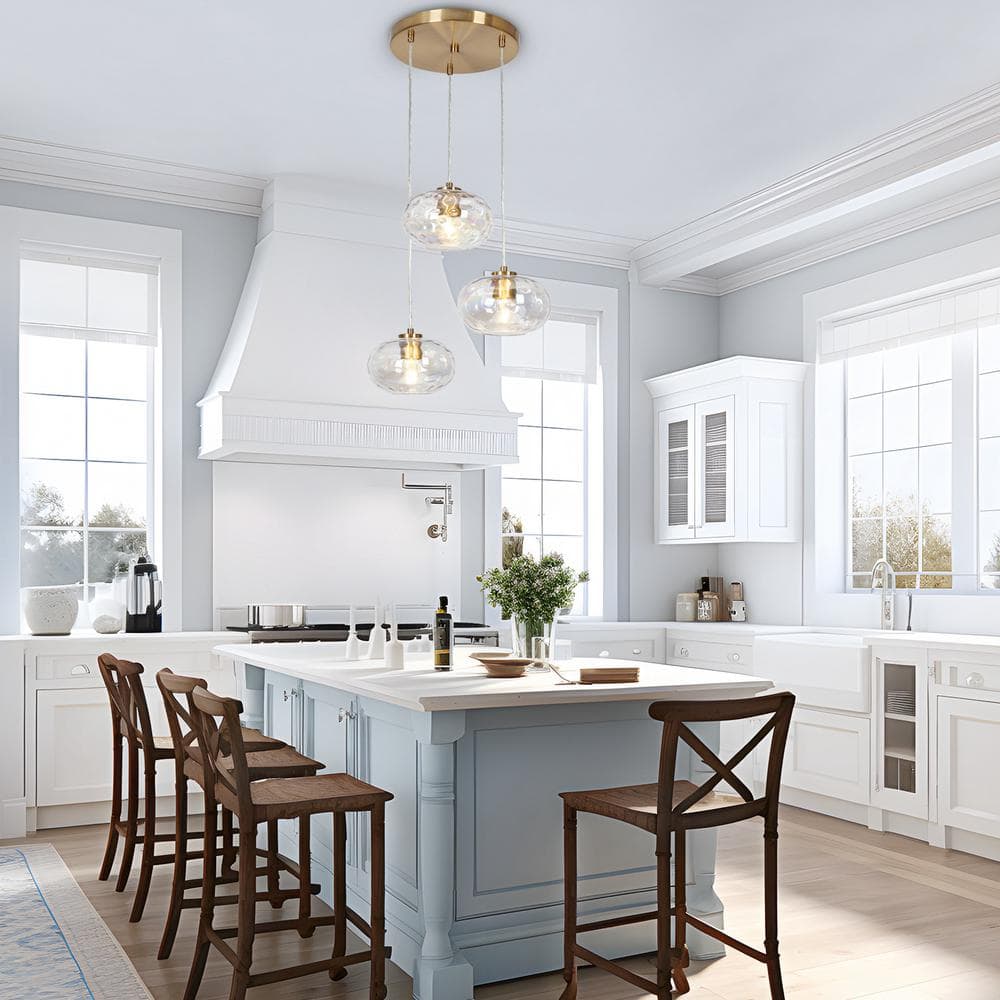 Modern Brass and Crystal 3-Light Cluster Pendant Chandelier