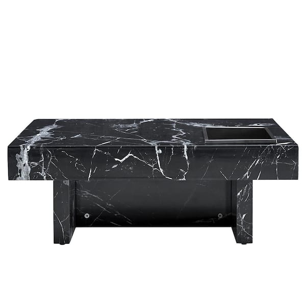 Sudzendf Black Modern Square Faux Marble Wood Coffee Table with Stainless Steel Storage