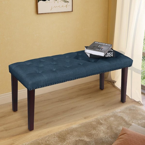 Maypex 38 in. W x 14 in. D x 17.3 in. H Denim Blue Upholstered Bench with Nailhead Trim and Solid Wood Legs