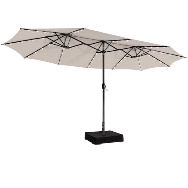 HONEY JOY 15 ft. Double-Sided Twin Steel Market Patio Umbrella with Base Extra-Large and 48-Solar LED Lights in Beige