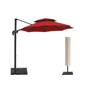 9 ft. Two Tier Height Adjustable Cantilever Patio Umbrella with Cover in Red