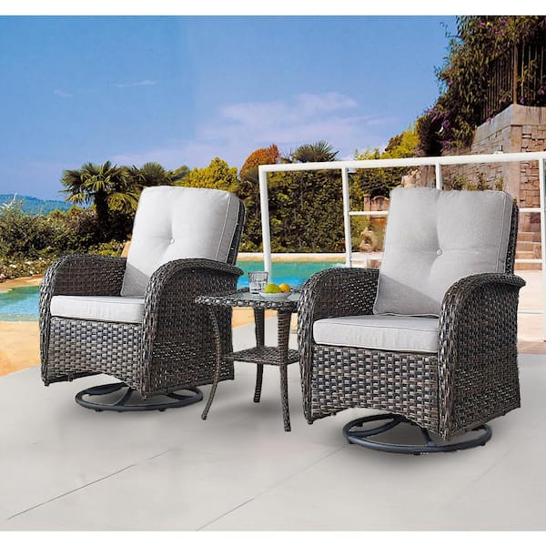 Opohoro PlainCurve 3-Piece Brown Wicker Swivel Outdoor Rocking Chairs Patio Conversation Set with Olefin Beige Cushions