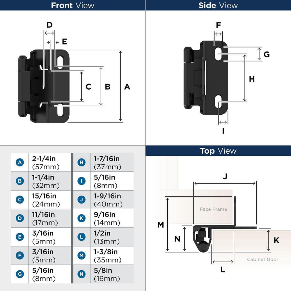 Matte Black Self-Closing Partial Wrap Cabinet Hinges, 2 Pack