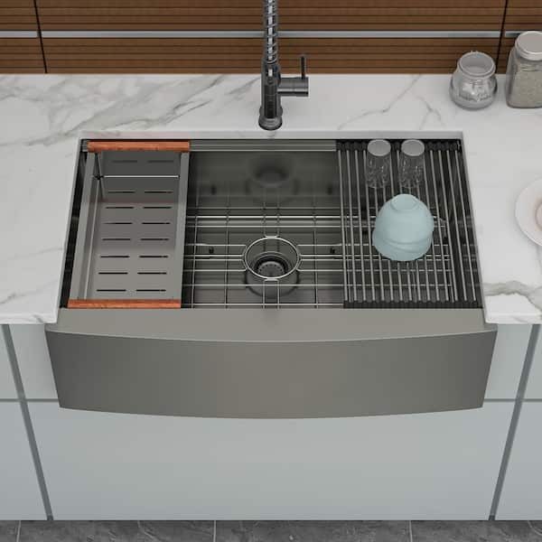 33 in. Farmhouse Single Bowl 16-Gauge Gunmetal Black Stainless Steel Kitchen Sink with Workstation