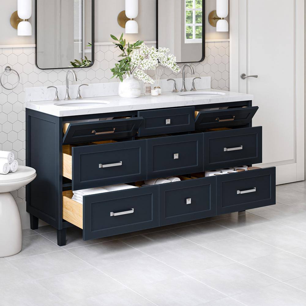 Monroe 66" Midnight Blue Double Sink Vanity with Carrara White Quartz Top