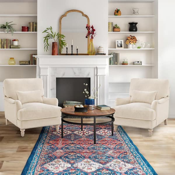 LUE BONA 33 in. W Hierro Beige Fabric Arm Sofa Chair Filled with Goose Down and Foam Upholstered Accent Chair Set of 2