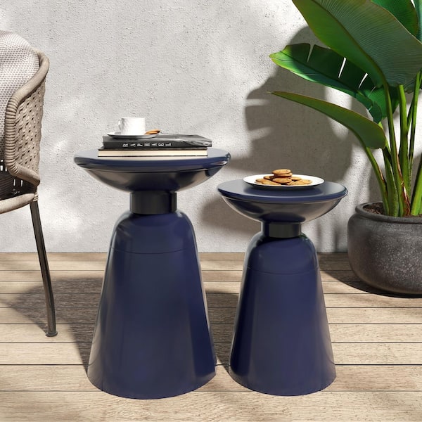 ECOCHIC SPACES INC Navy Blue Outdoor Rust-Resistant 12 in. & 15 in. Side Tables with Flared Design and Powder Coated Iron Frame (2-Pack)