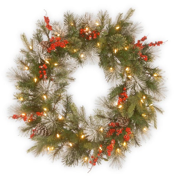 National Tree Company 30 in. Artificial Battery Operated LED Lights Wintry Berry Wreath
