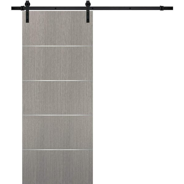 Assembly Required 42 in. x 96 in. Flush Grey Oak Finished Wood Barn Door Slab with Hardware Kit Black