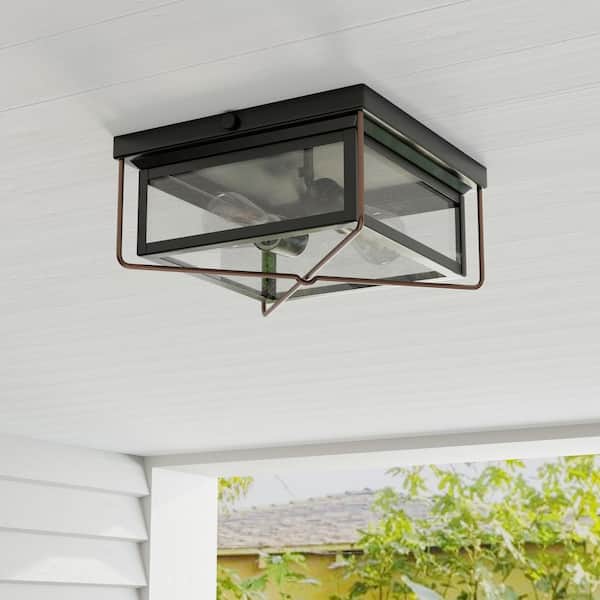 Barlowe 2-Light Antique Bronze Clear Seeded Glass Farmhouse Flush Mount Ceiling Light