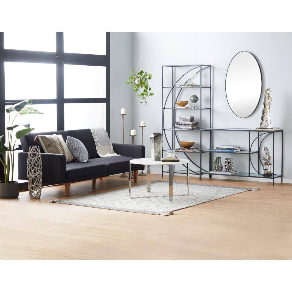 Black Metal and Glass Industrial Console Table with Storage Shelves