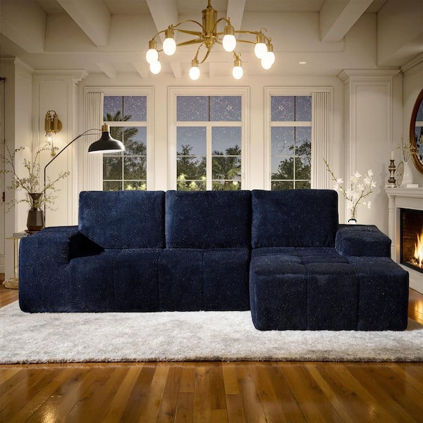 KALE 114 in. Wide Arm 2-Piece Modern Lurex Shimmer Velvet L-Shape Modular Sectional Sofa in Blue with Right Chaise