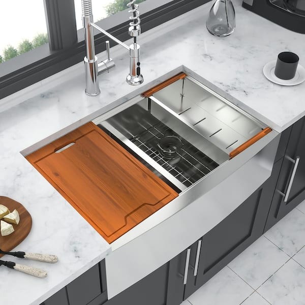 33 in. Farmhouse/Apron-Front Double Bowl (50/50) 16 Gauge Brushed Nickel Stainless Steel Kitchen Sink with Workstation