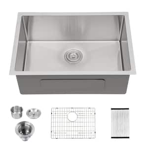 27 In. Single Bowl 16 Gague T304 Stainless Steel Undermount Kitchen Sink with Bottom Grid and Strainer Basket