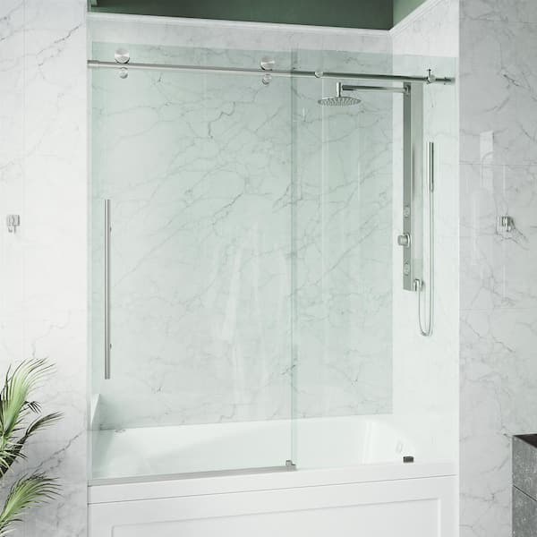 VIGO Elan E-Class 56 to 60 in. W x 66 in. H Sliding Frameless Tub Door in Stainless Steel with 3/8 in. (10mm) Clear Glass