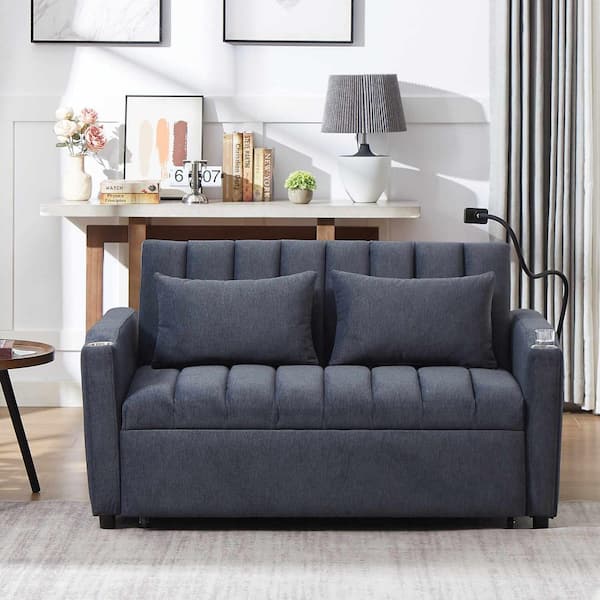 Polibi 55.9 in. Square Arm Polyester Rectangle Sofa with Three USB Ports in. Blue-Gray