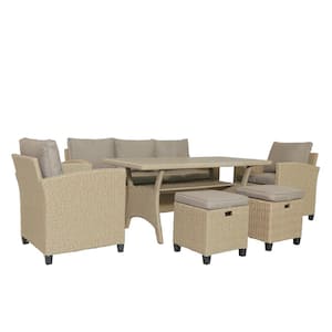 6-Piece PE Rattan Wicker Outdoor Patio Furniture Sectional Conversation Sofa Set with Brown Cushions for Garden Backyard